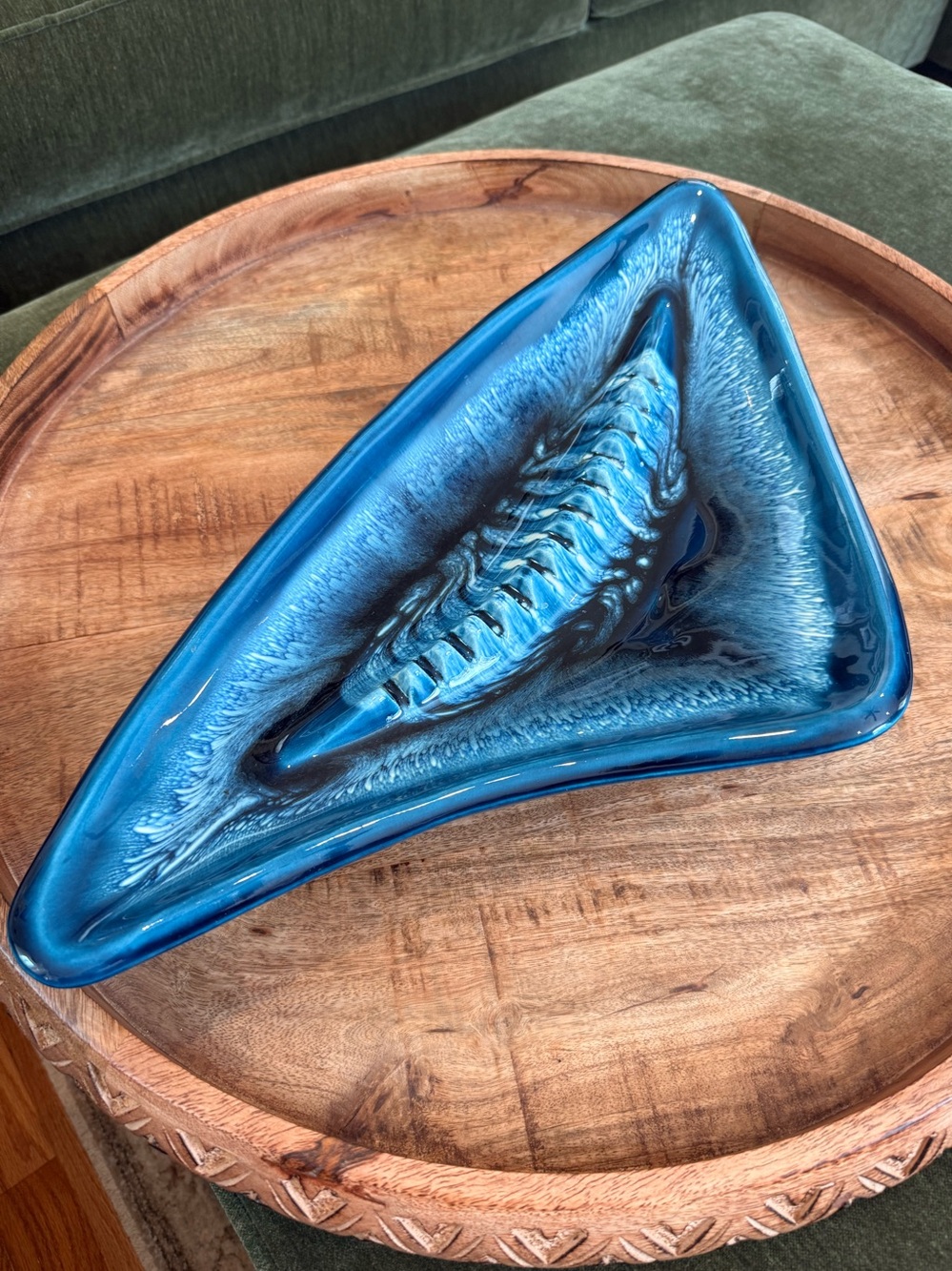 Vintage Blue Glazed California Pottery Ceramic Boomerang Ashtray